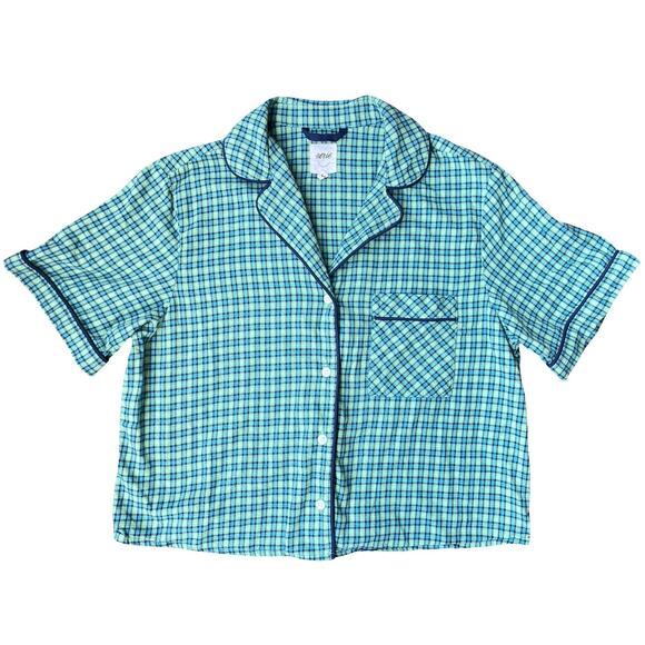 Aerie Green Plaid Flannel Pajama Shirt Top Cropped Relaxed Fit - Size Medium - Picture 3 of 10